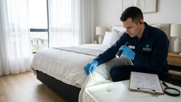 Bed Bug Exterminator performing a professional inspection of a mattress in a modern bedroom before recommending treatment.