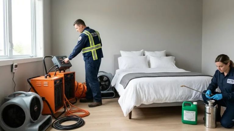 Bed Bug Heat Treatment Cost comparison between professional heat treatment equipment and chemical pest control inside a residential bedroom