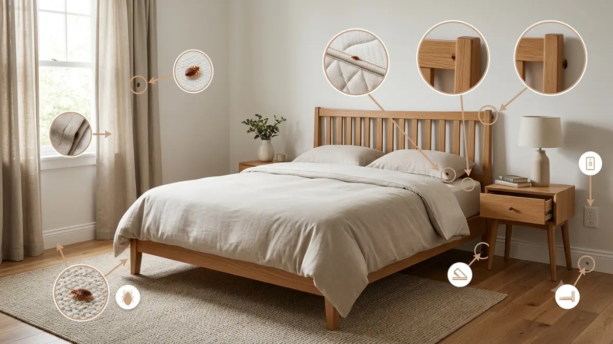 Bed Bug hiding places around a bedroom including mattress seams bed frame baseboards furniture and electrical outlets