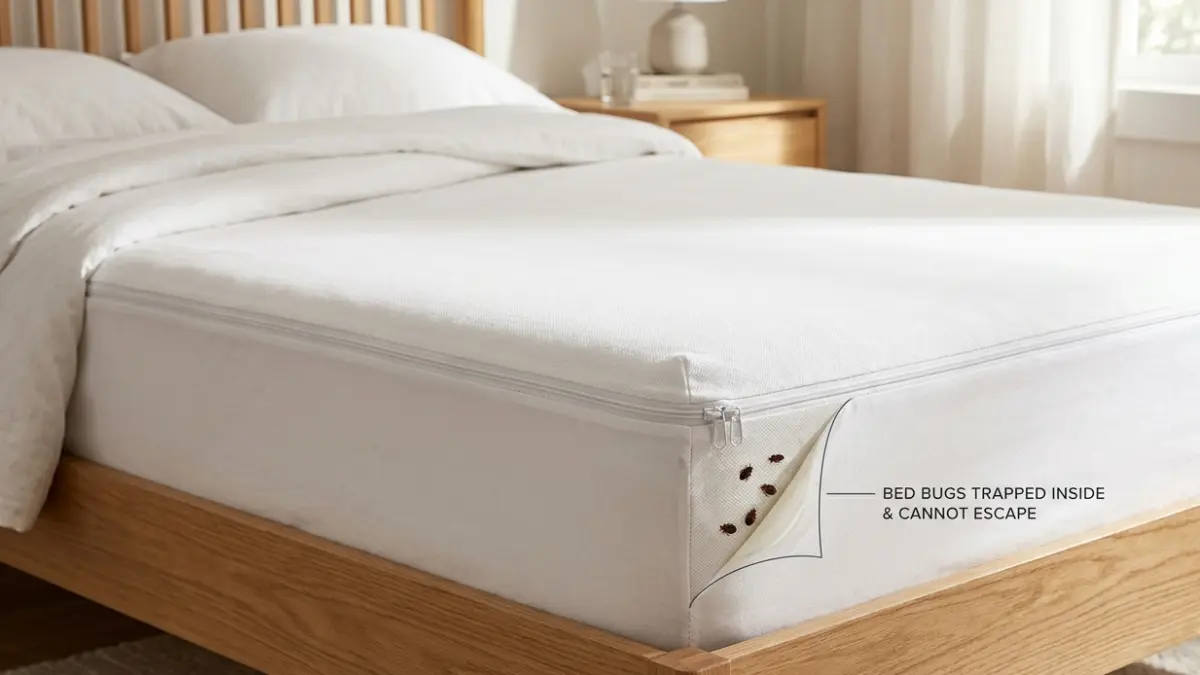 Bed Bug mattress encasement completely sealed with a certified zippered cover to trap bed bugs inside