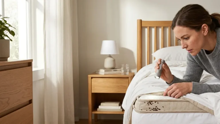 Bed Bug inspection showing a homeowner checking mattress seams with a flashlight after discovering signs of an infestation