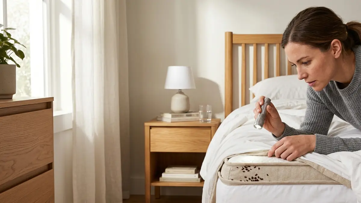 Bed Bug inspection showing a homeowner checking mattress seams with a flashlight after discovering signs of an infestation