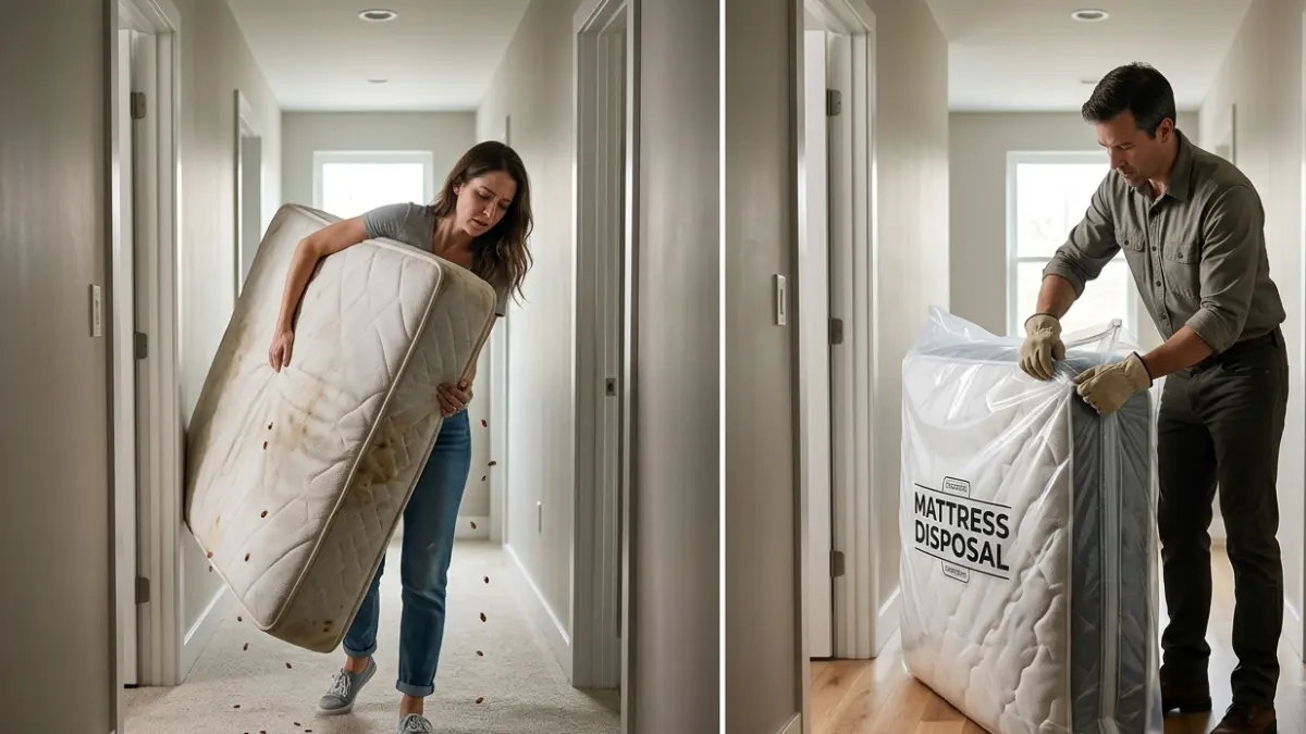 Bed Bug mattress removal showing the wrong and correct way to move an infested mattress safely