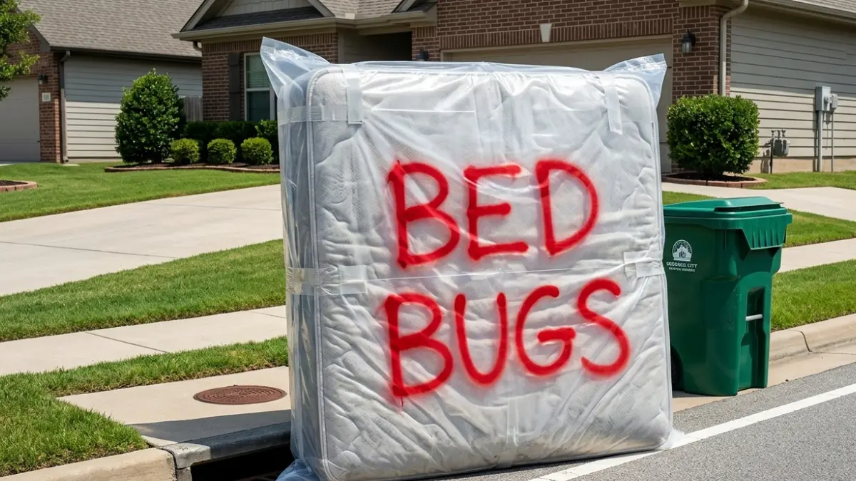 Bed Bug infested mattress sealed inside a plastic disposal bag and clearly labeled before curbside pickup