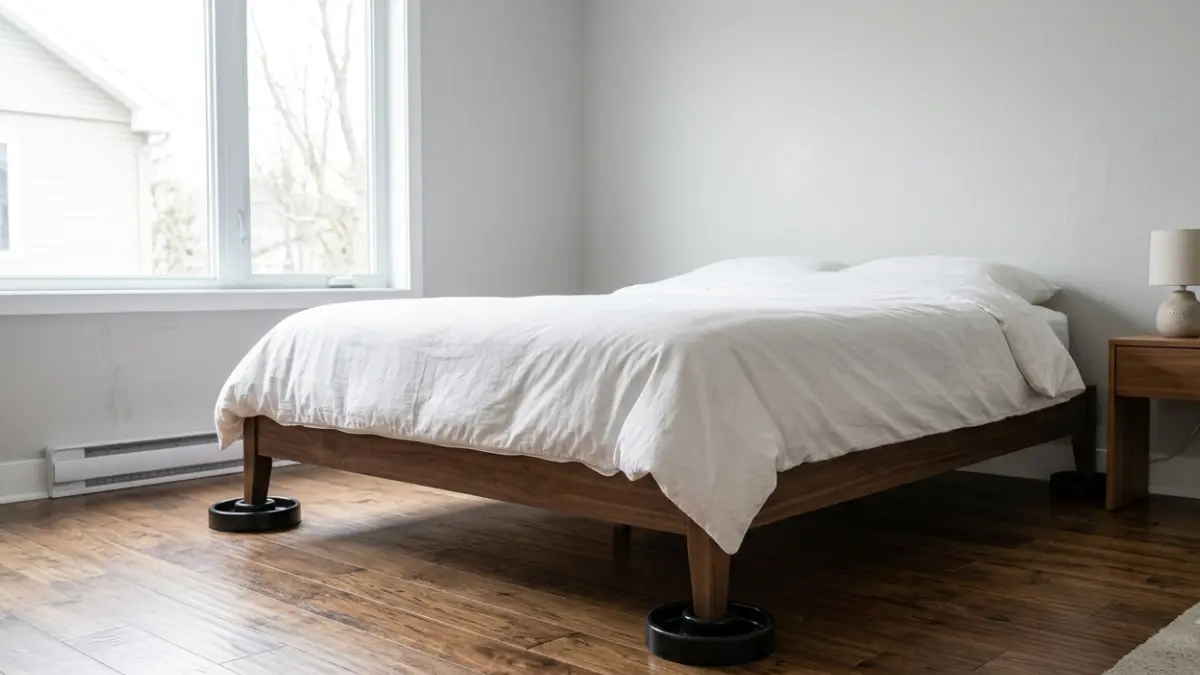 Bed Bug Traps correctly installed under every bed leg with the bed pulled away from the wall