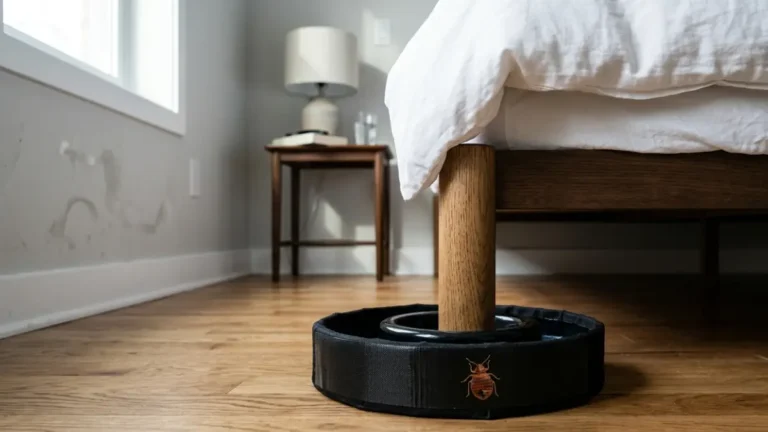 Bed Bug Traps installed under a bed leg in a modern bedroom to monitor and detect bed bug activity