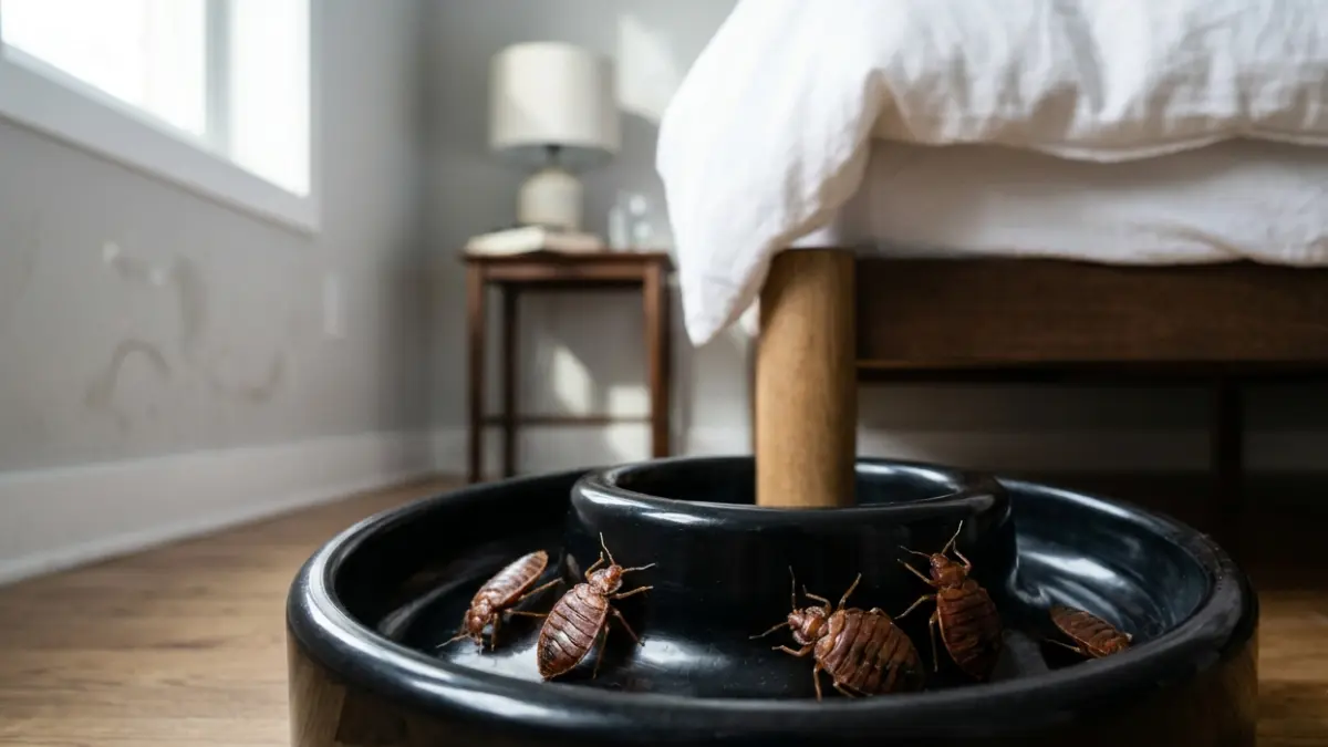 Bed Bug Traps close-up showing a passive interceptor catching crawling bed bugs beneath a bed leg