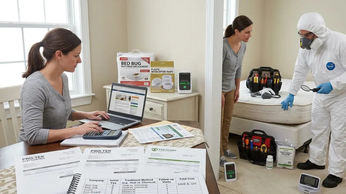 Bed Bug Heat Treatment Cost comparison with multiple pest control estimates, calculator, and budgeting worksheet
