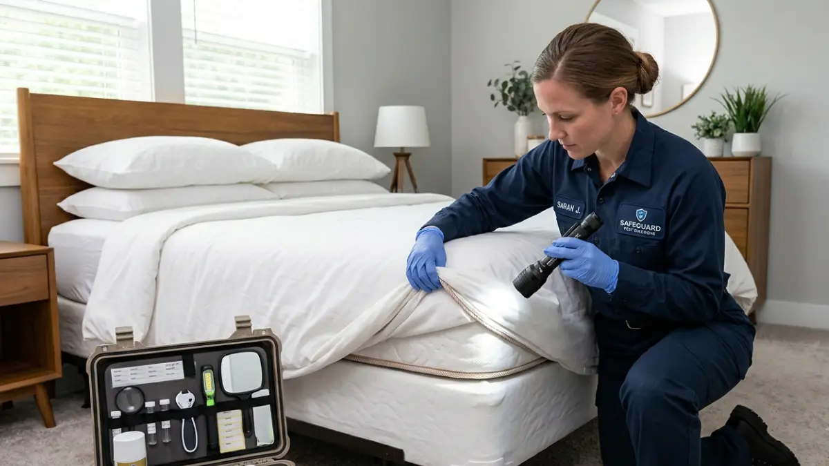 Bed Bug Treatment professional inspecting a mattress during a home bed bug inspection before treatment begins