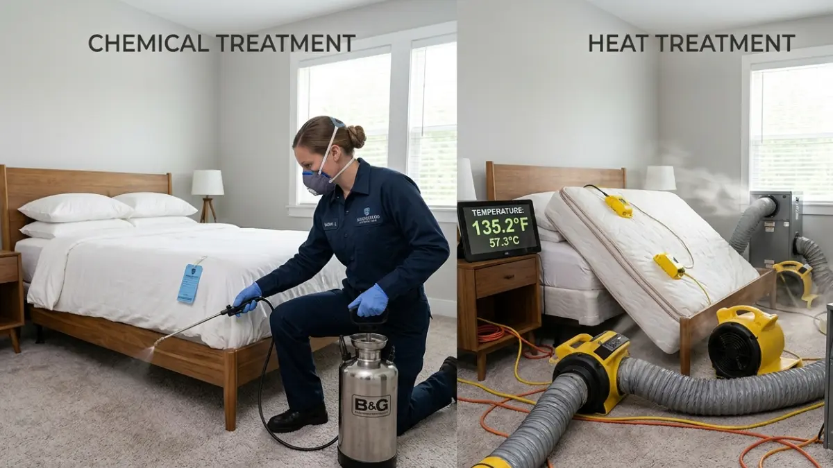 Bed Bug Treatment comparing professional heat treatment equipment with chemical application inside a bedroom