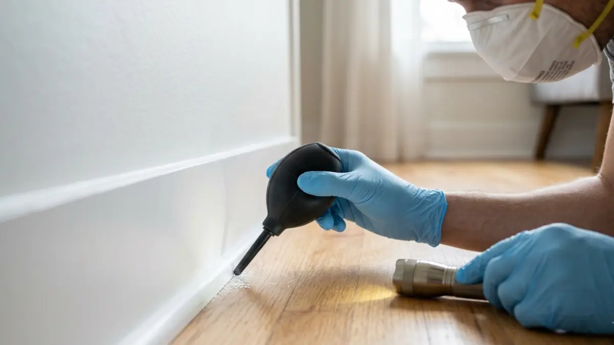 Correct use of a Bed Bug Treatment Kit by applying silica gel insecticide dust into baseboard cracks with a bulb duster