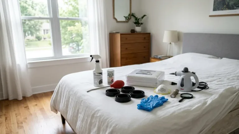 Bed Bug Treatment Kit with EPA-registered spray, silica dust, mattress encasement, interceptor traps, steamer, gloves, and inspection tools arranged on a bed