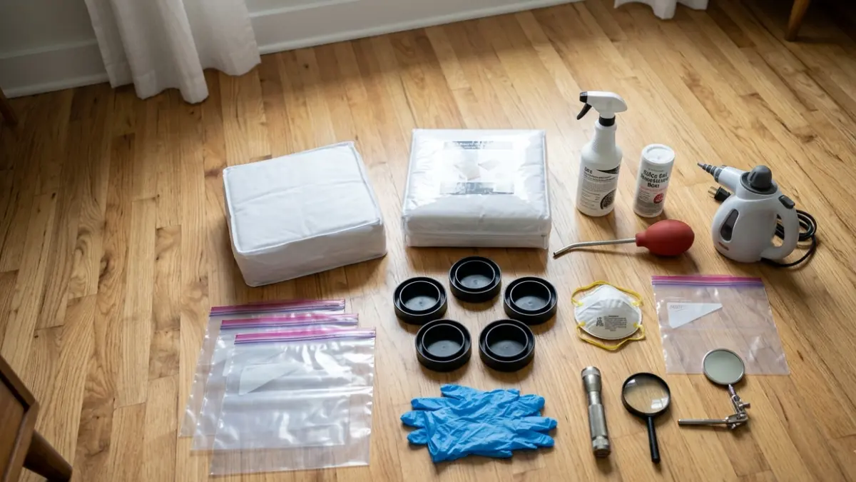 Essential components of a Bed Bug Treatment Kit including mattress encasement, interceptor traps, silica dust, bulb duster, steamer, and EPA-registered spray