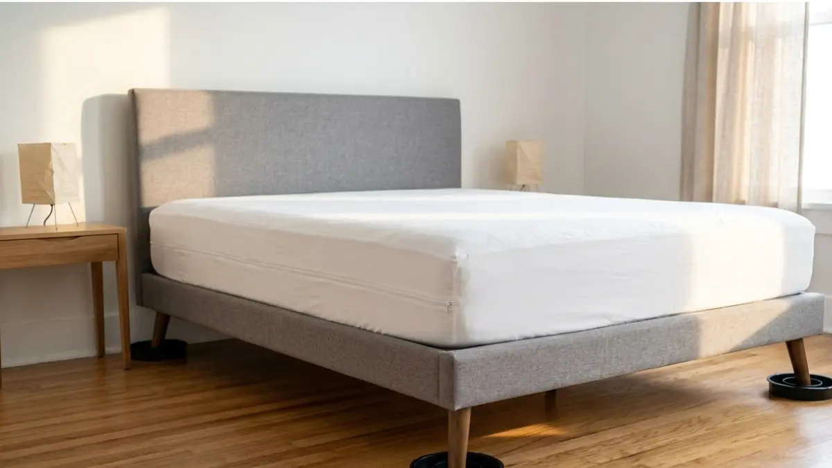Proper bedroom setup using a Bed Bug Treatment Kit with a zippered mattress encasement and interceptor traps under bed legs