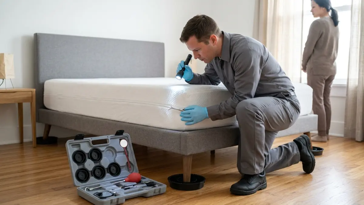 Professional inspecting a mattress while using a Bed Bug Treatment Kit and specialized bed bug inspection equipment