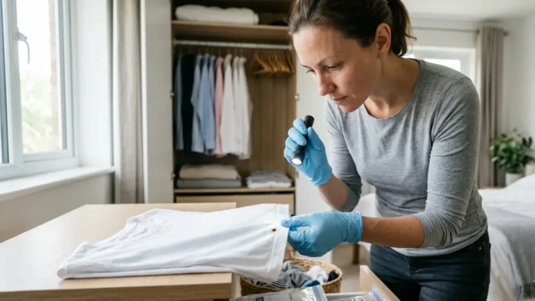 Bed Bugs in Clothes - person wearing gloves inspecting the seam of a white shirt for a bed bug inside a bedroom closet