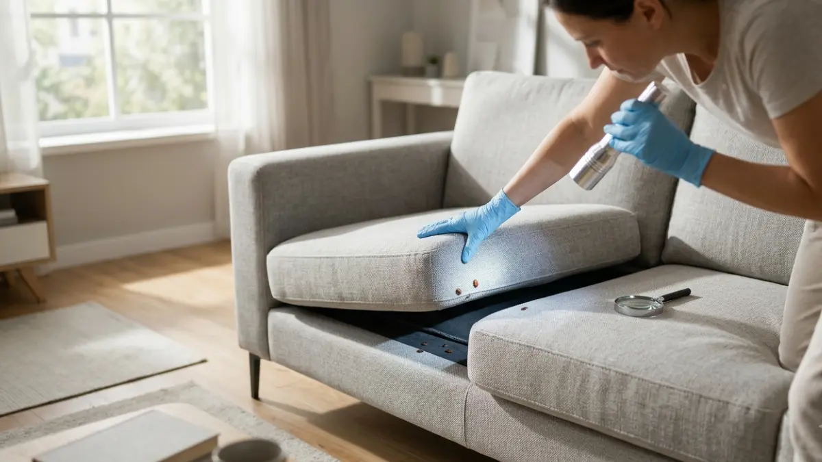Bed Bugs hiding inside a fabric couch while a homeowner carefully inspects the sofa with a flashlight