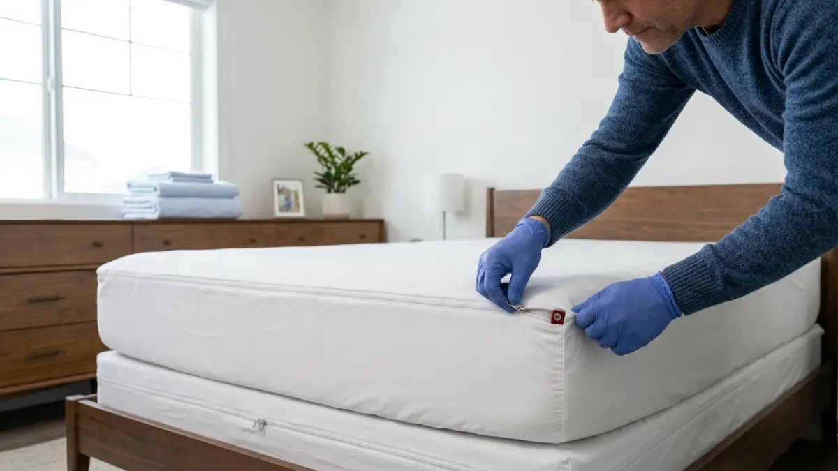 Bed Bugs mattress encasement being zipped completely closed to trap hidden insects inside