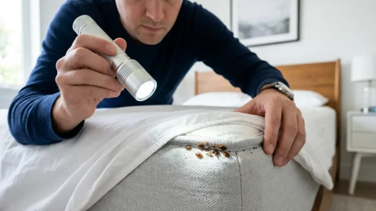 Bed Bugs hiding along a mattress seam while a homeowner inspects the mattress with a flashlight