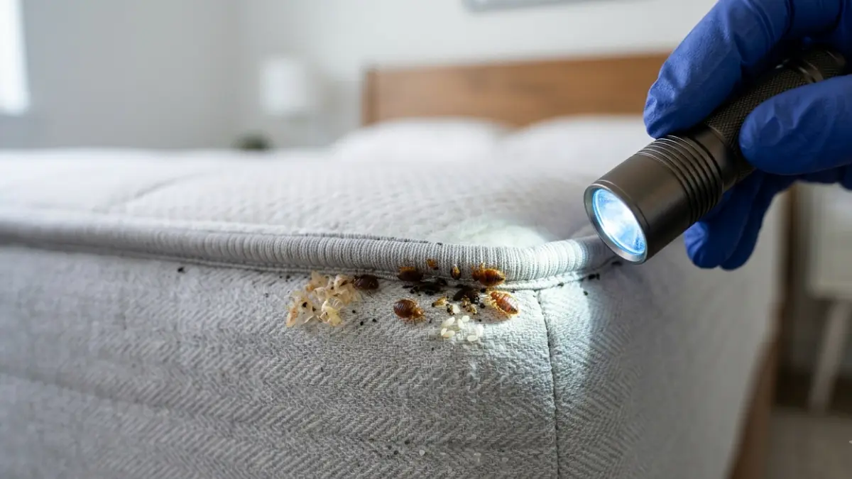 Bed Bugs, eggs, shed skins, and dark fecal spots hiding inside a mattress seam during inspection