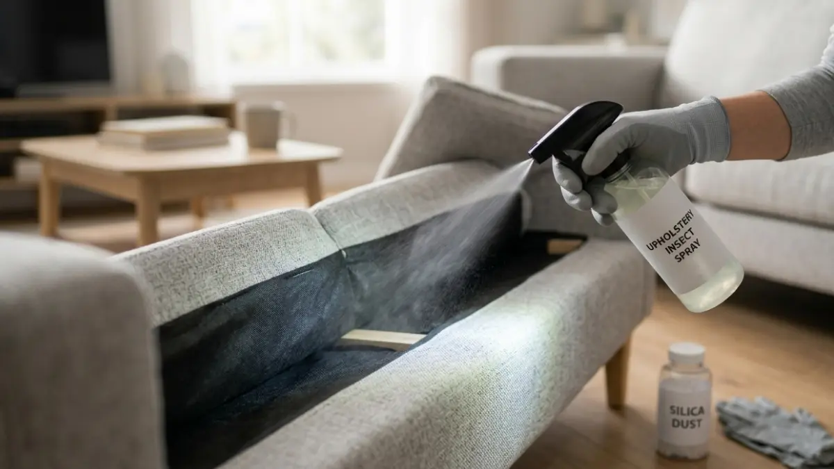 Bed Bugs treatment by applying EPA-registered spray into couch seams and hidden cracks