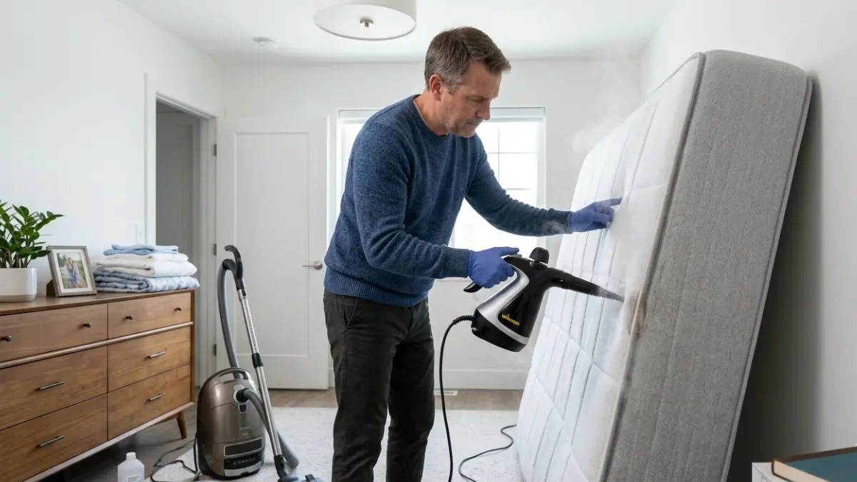 Bed Bugs treatment using a handheld steam cleaner and vacuum along mattress seams