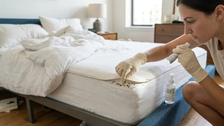 Best Bed Bug Spray inspection showing a homeowner checking mattress seams for bed bugs before treatment.