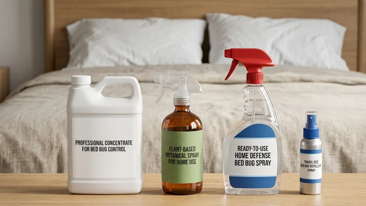 Comparison of Best Bed Bug Spray product types including professional, plant-based, consumer, and travel sprays.