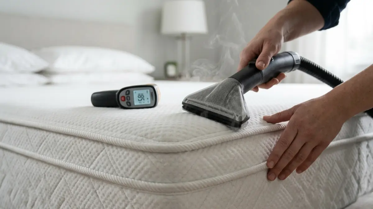 Best Bed Bug Steamer demonstrating the correct technique for slowly steaming mattress seams