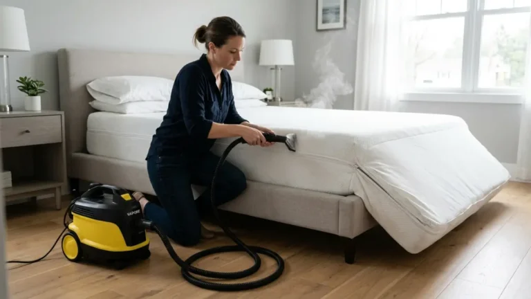 Best Bed Bug Steamer being used to steam mattress seams during a realistic home bed bug treatment