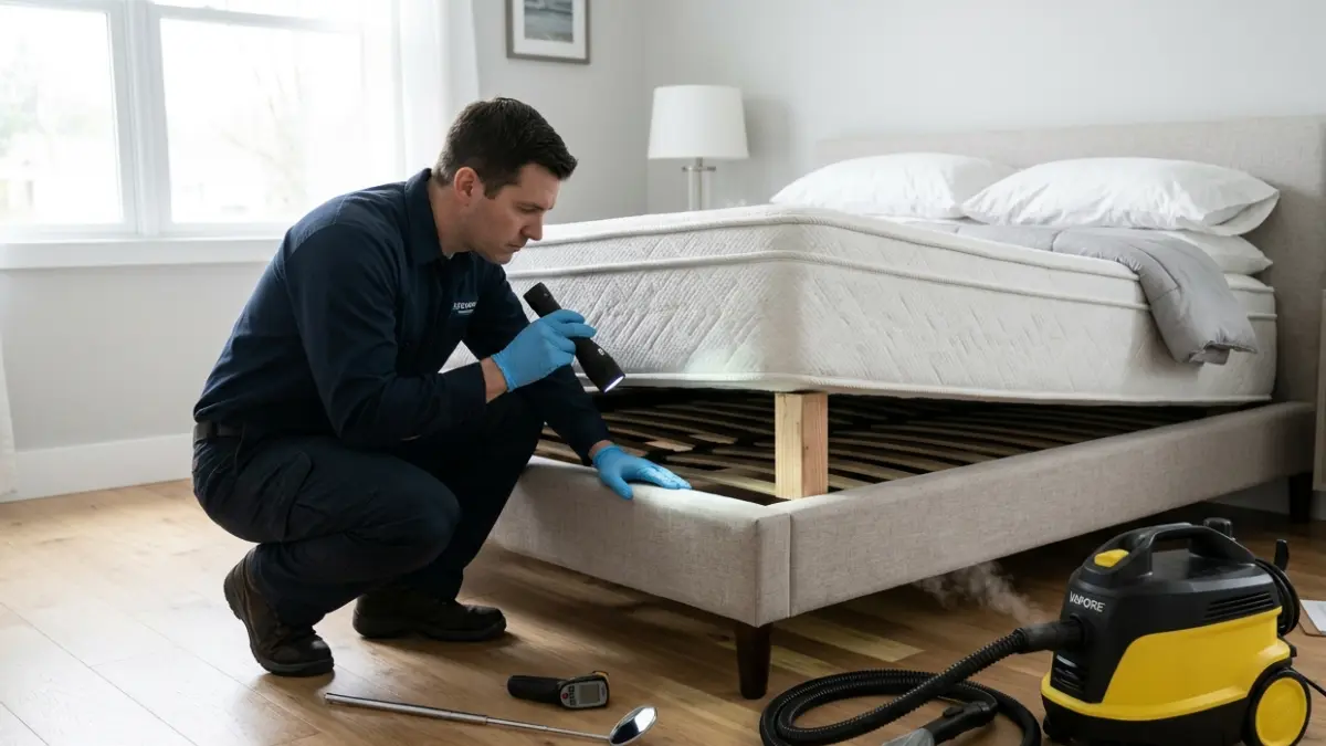 Best Bed Bug Steamer alongside a professional technician inspecting a bed bug infestation inside a bedroom