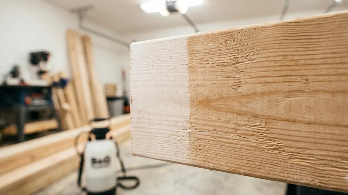 Close-up of Borate termite treatment penetrating unfinished wood to protect structural lumber from termite damage.