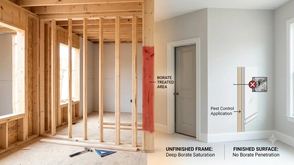 Borate termite treatment comparison showing unfinished wood suitable for treatment versus painted wood that blocks penetration.