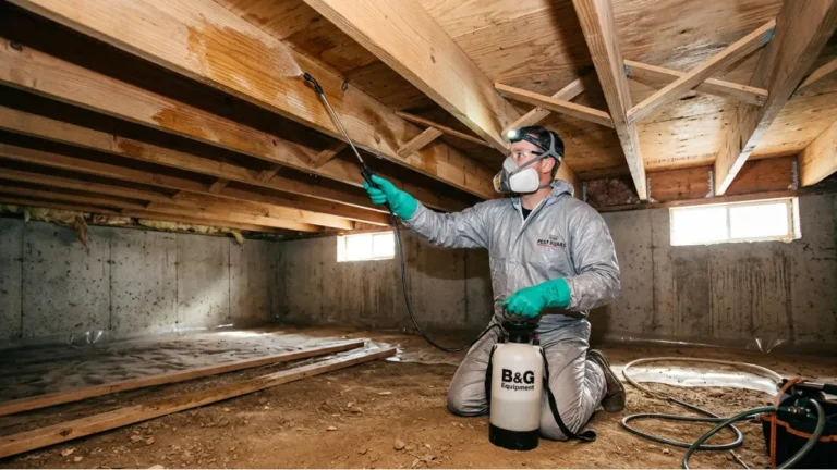 Borate termite treatment being applied to exposed crawl space floor joists by a licensed pest control technician wearing protective equipment.