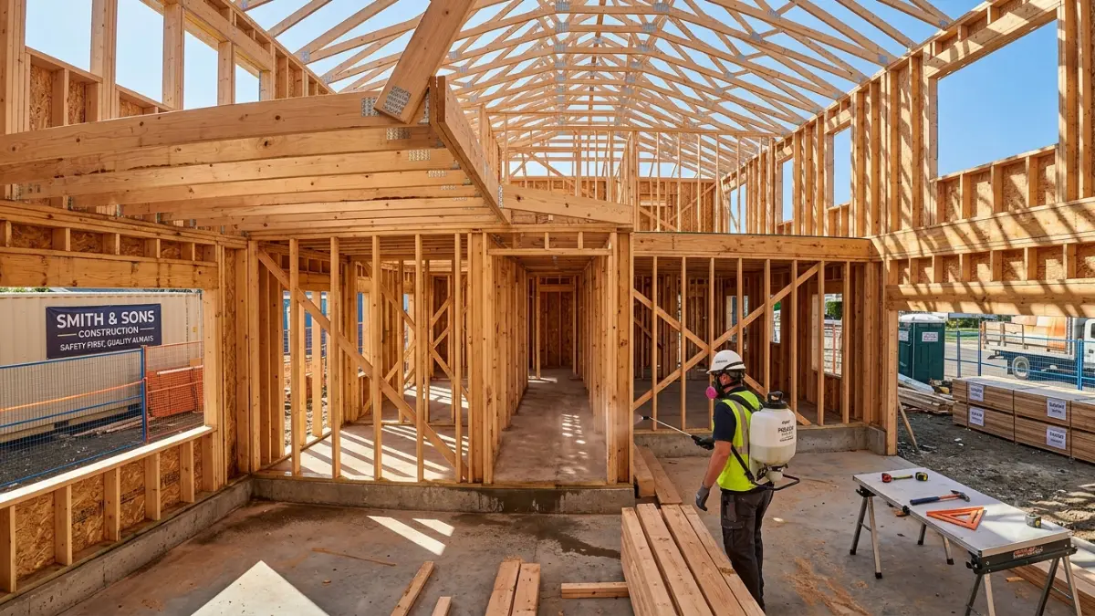 Borate termite treatment applied to exposed framing during new home construction before insulation and drywall installation.