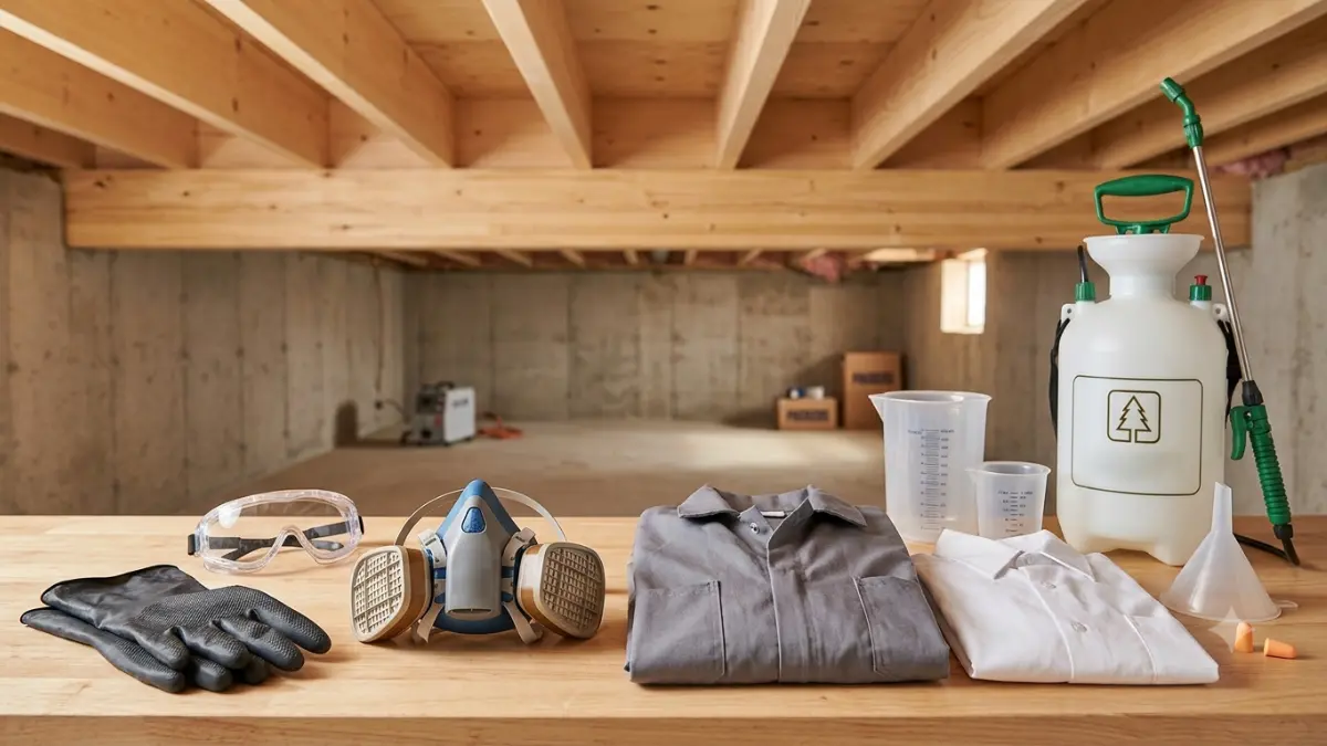 Protective equipment prepared for Borate termite treatment including gloves, respirator, goggles, and application tools.