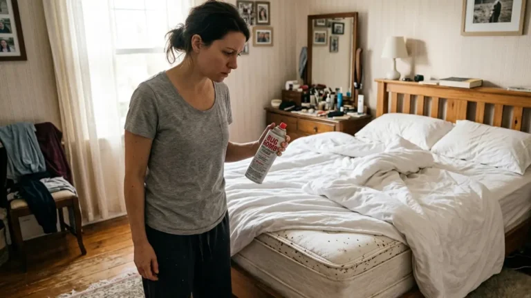 Bug Bomb in a homeowner's hand while inspecting a bed for signs of bed bugs before using a fogger