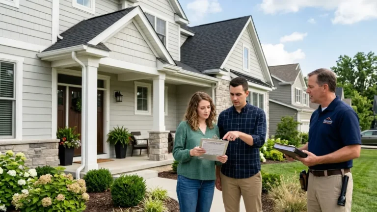 Homebuyers reviewing a termite inspection report before purchasing a house with termite damage