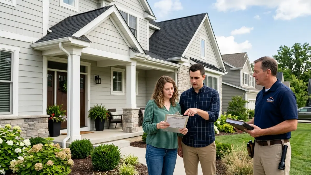 Homebuyers reviewing a termite inspection report before purchasing a house with termite damage