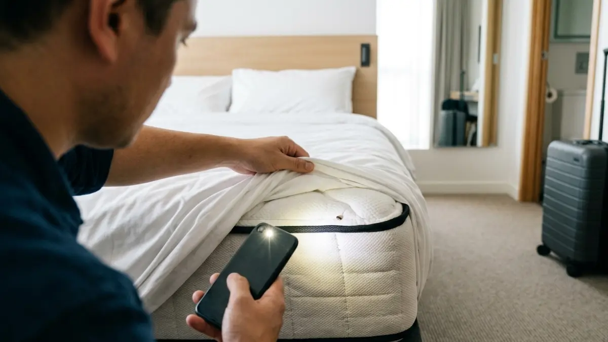 Check a Hotel for Bed Bugs by carefully inspecting mattress seams and corners with a flashlight.