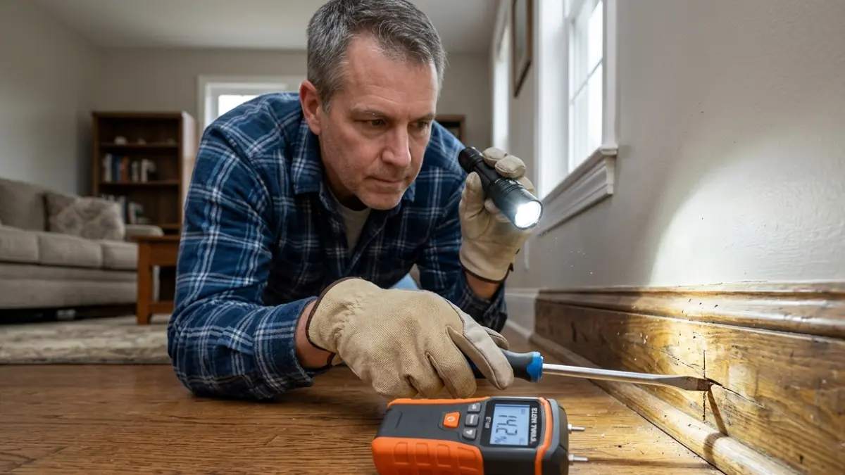 Checking Termite Damage using a screwdriver probe test during a safe home wood inspection