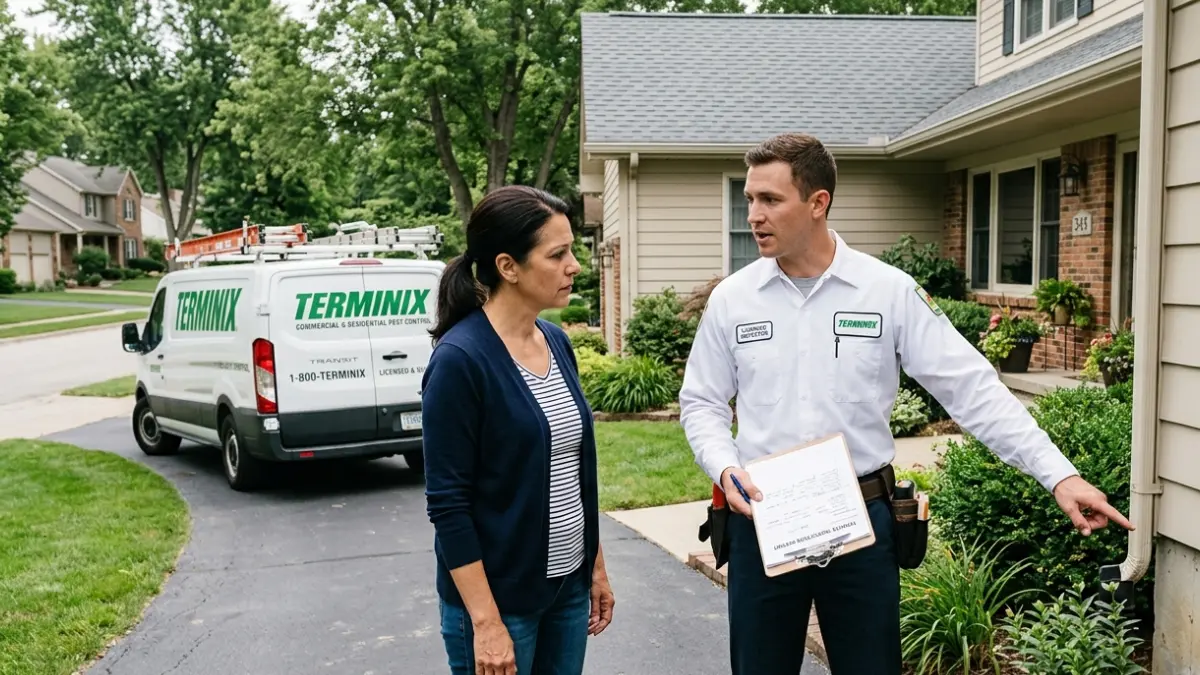 Homeowner meeting a licensed termite company inspector outside a suburban house before a termite inspection