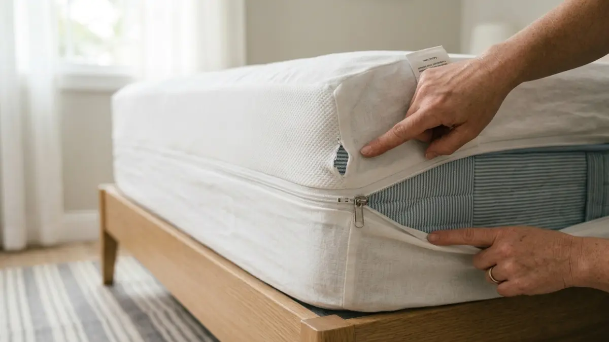 Damaged Mattress Encasement with torn fabric and partially open zipper showing common mistakes