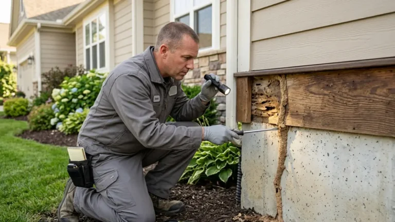 Professional termite inspector examining an active mud tube beside a home foundation during DIY Termite Treatment evaluation