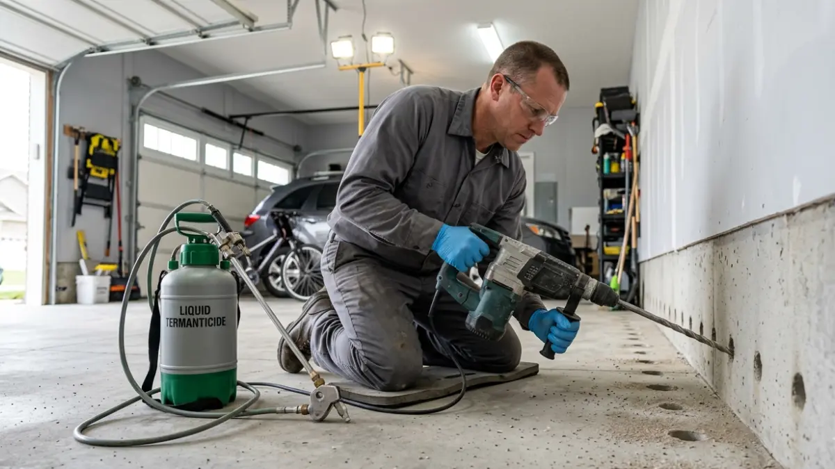Licensed technician drilling foundation and applying liquid barrier during DIY Termite Treatment comparison
