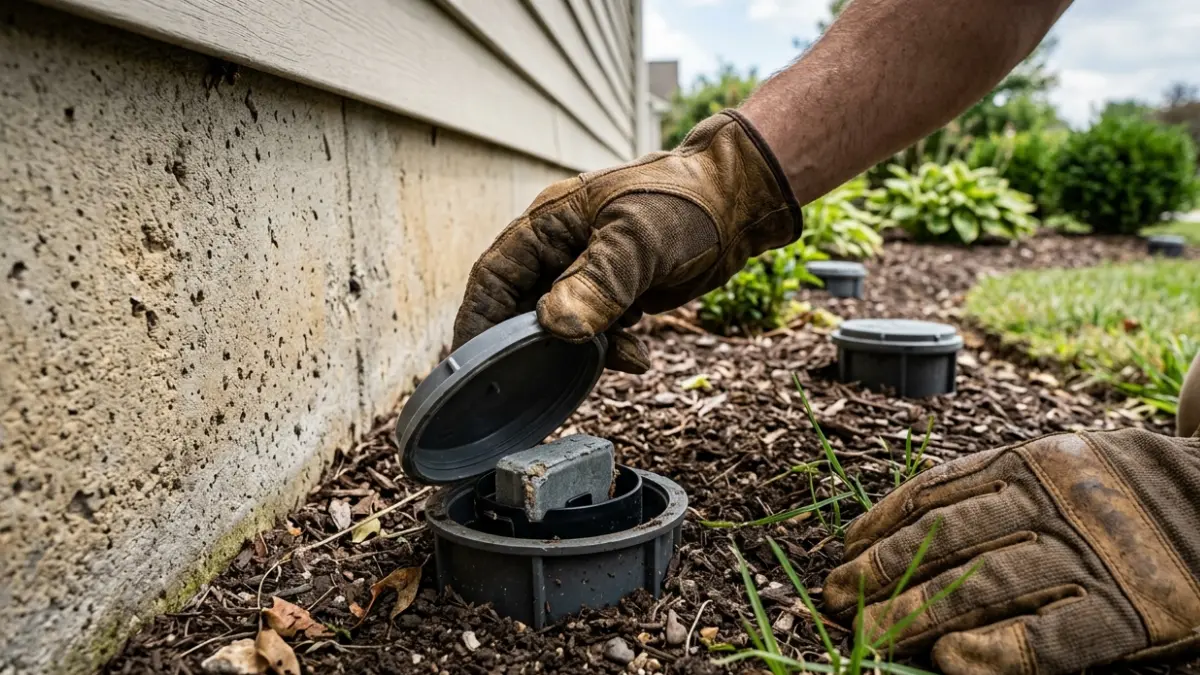 Homeowner inspecting an in-ground termite bait station during DIY Termite Treatment monitoring