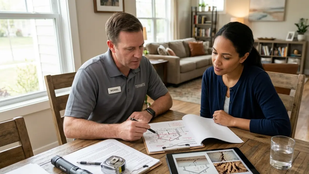 Homeowner reviewing a professional termite inspection report after DIY Termite Treatment consideration