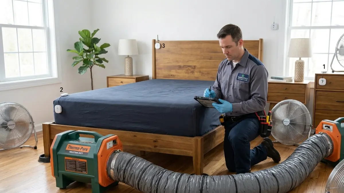 DIY vs Professional Bed Bug professional heat treatment equipment inside a bedroom