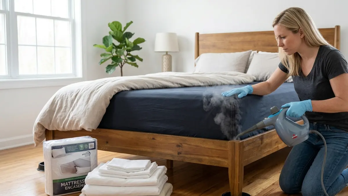 DIY vs Professional Bed Bug steam treatment using a handheld steamer on a mattress seam