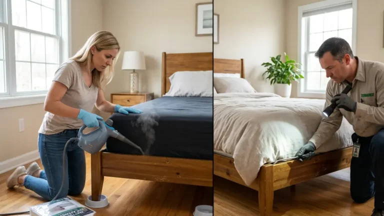DIY vs Professional Bed Bug treatment comparison showing a homeowner steaming a mattress while a licensed exterminator inspects a bedroom